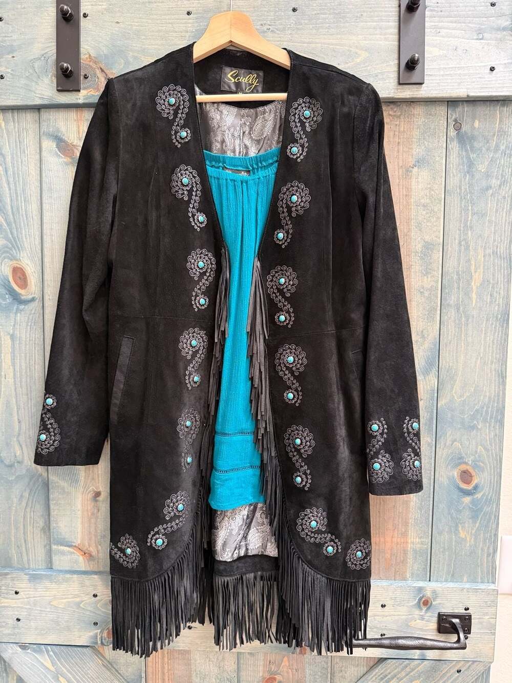 Scully Joplin Womens Black Embroidered Suede Western Fringe Coat with Wrangler R